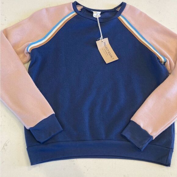 NEW Project Social T Blue and Pink Vintage 70s Raglan Crew Sweatshirt Small - Picture 2 of 7